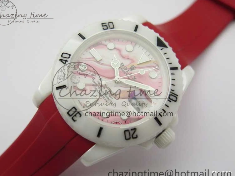 0123 WrinkleFree Submariner 40mm White Ceramic 5GF Best Edition White Red Dial on Red Rubber Strap SA 2485